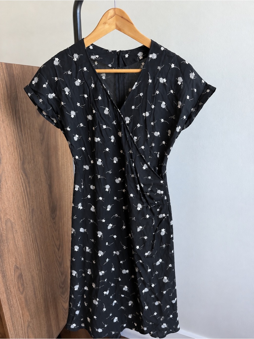 Vintage Handmade Black & White Floral Faux-Wrap Midi Dress Size S